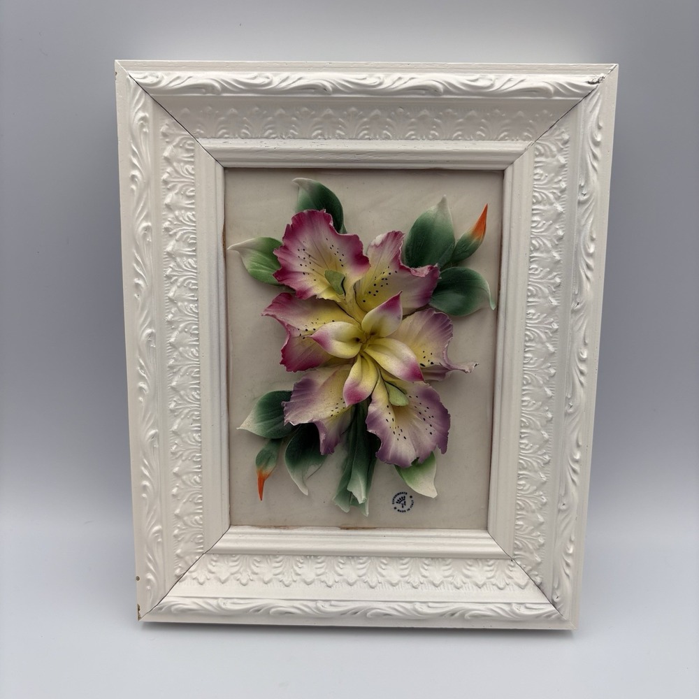 Capodimonte Italy Framed Wall Art 3-D Porcelain Orchids Flowers Ornate Vintage